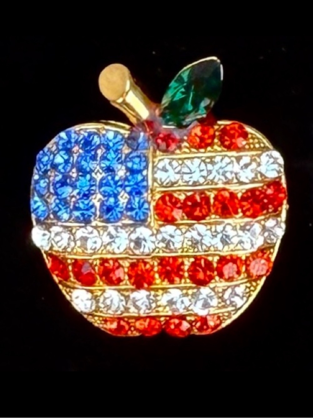 Goldtone, American flag red white blue crystal accent, apple brooch